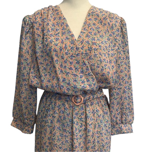 Vintage 80's Alison Peters Blouson Dress Womens Size Large Pink Floral Belted - Picture 2 of 12